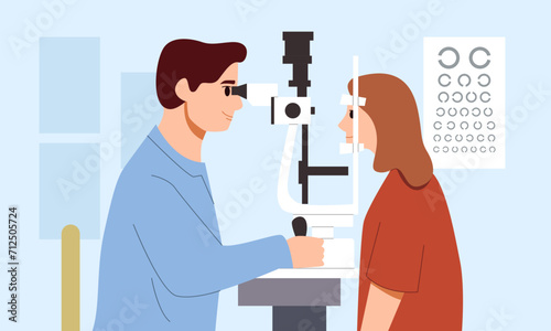 Ophthalmologist Checks Vision of Young Woman. Ophthalmology Medicine and Optical Eyesight Examination. Optical Eye Test and Care. Vector Illustration in Flat Style.