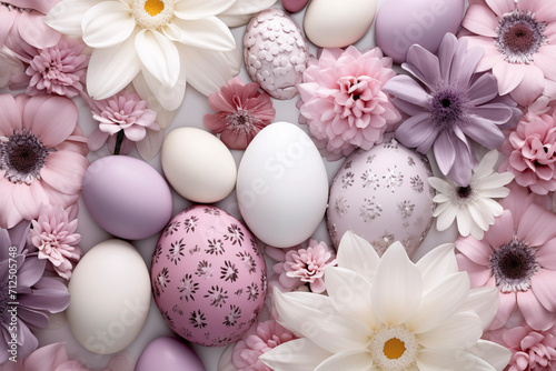 monochromatic Easter eggs and flowers on a white background. Happy Easter card