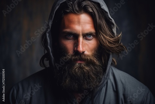 Handsome man with long beard and mustache in hood on dark background