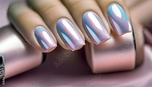 Fingers of a young woman's hand with beautiful pearlescent nail polish, Creative manicure with gel polish in a luxury beauty salon, Nail art and design, French manicure