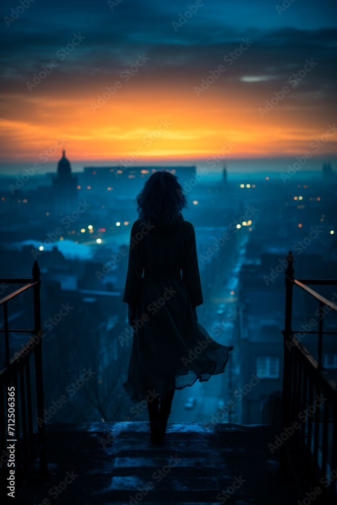 Fototapeta premium Silhouette of a girl in a long dress on the background of the city at sunset