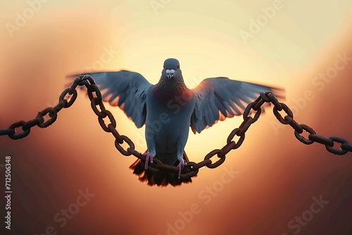 Chains undone Pigeon shadow escapes, symbolizing freedom in the morning light photo