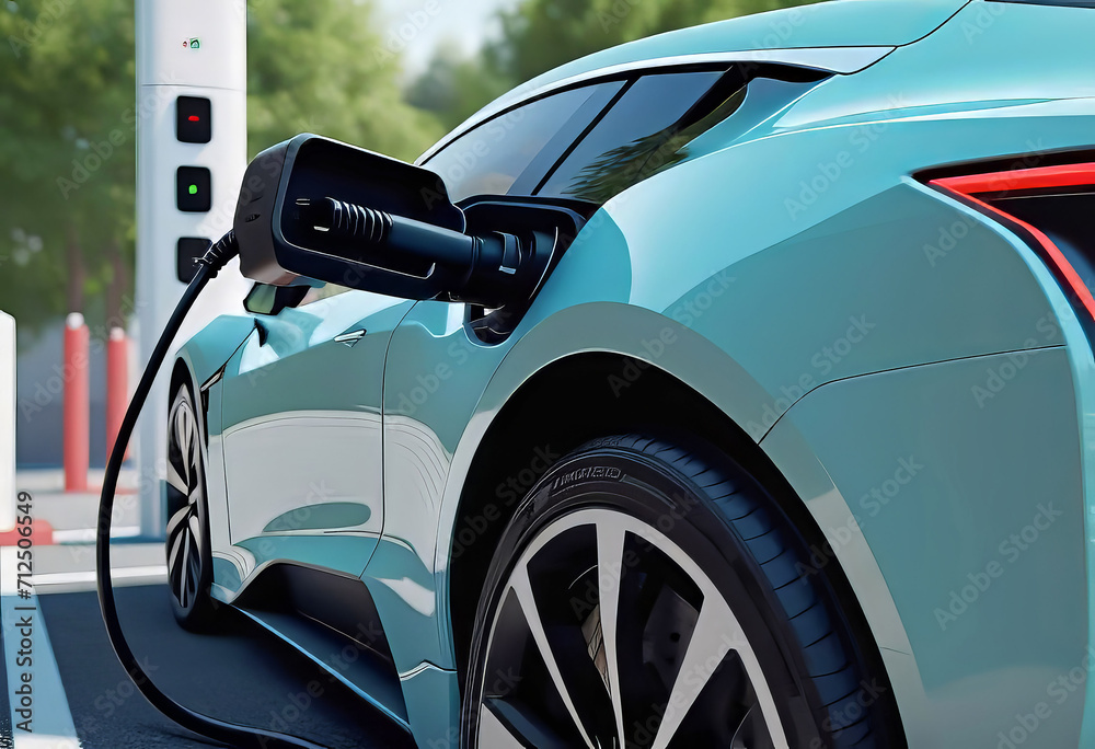 Charging a car at an electric vehicle charging station, Electric vehicle charging station to charge an electric vehicle battery, Clean energy, Sustainable transportation, Green eco-friendly technology