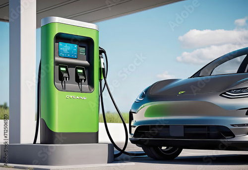 Charging a car at an electric vehicle charging station, Electric vehicle charging station to charge an electric vehicle battery, Clean energy, Sustainable transportation, Green eco-friendly technology © Perecciv
