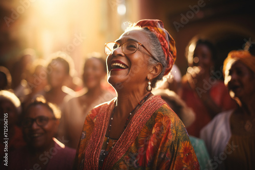 A spirited elderly woman participating in a local choir, expressing the enduring love for music and the joy of harmonious collaboration.