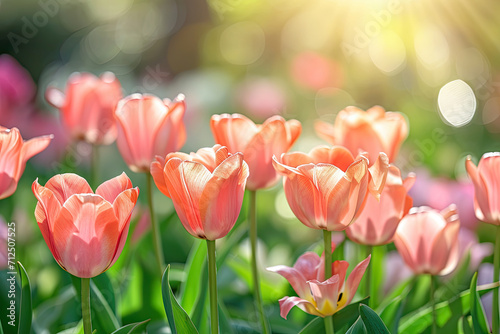 Pink tulips in pastel coral tints at blurry background  closeup. Fresh spring flowers in the garden with soft sunlight for your horizontal floral poster  wallpaper or holidays card.