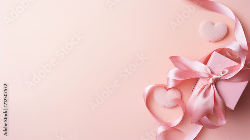 Romantic Valentine's Day Decorations: Top View Photo of Curly Silk Ribbon Hearts, Small Gift Boxes, and Love Letters on Pastel Pink Background