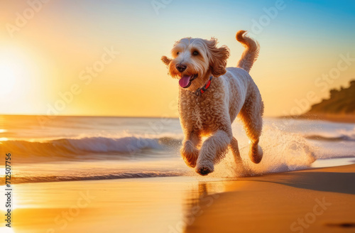 Labradoodle dog with cool sunglasses walking on a beach with sunlight