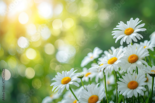 Garden with daisy flowers at blurry background, closeup. Fresh summer flowers in the garden with soft sunlight for horizontal floral poster, wallpaper or holidays card.