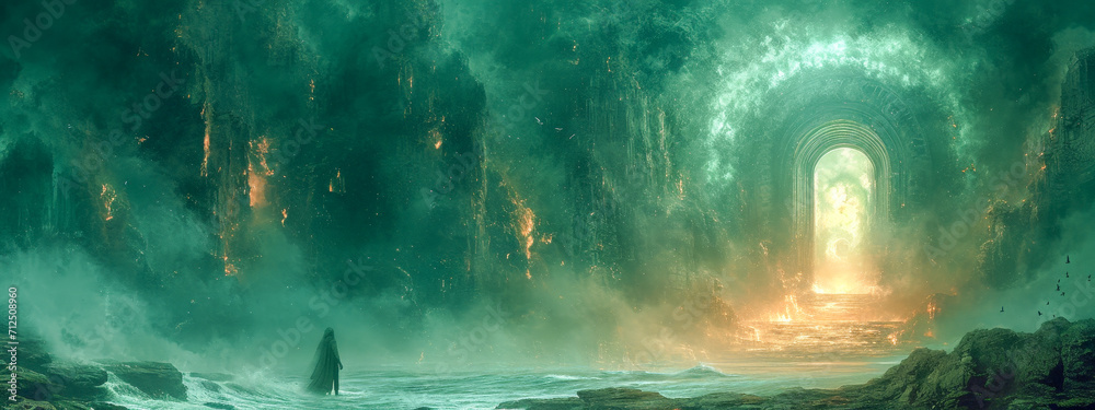 Fototapeta premium A solitary male figure, cloaked in swirling shadows, stands mesmerized before a gateway of swirling emerald light. The air crackles with arcane energy, beckoning him towards an unknown dimension.