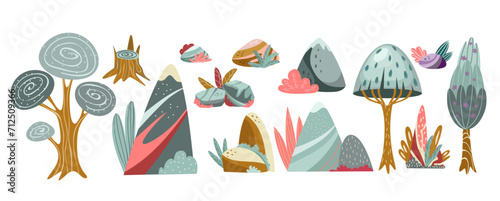 Set of decorative stones mountain rock tree