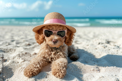 Cute Cobberdog aka Labradoodle dog puppy with sunglasses and hat on a beach.