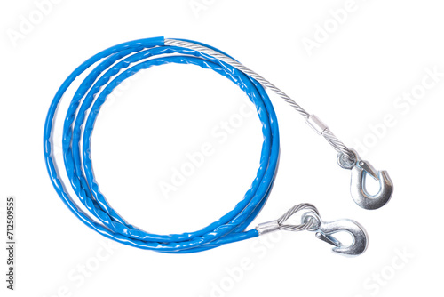 steel car tow rope with hooks in blue braid isolated on white background photo