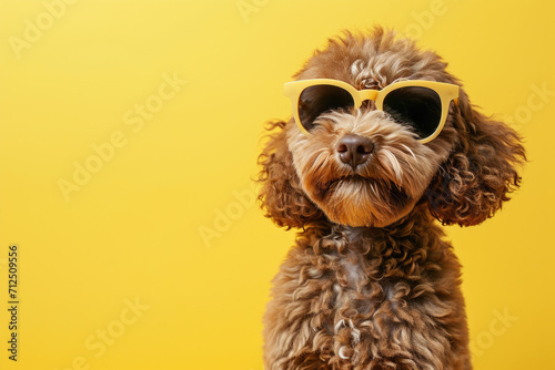 Head shot of handsome red Cobberdog aka Labradoodle dog puppy with sunglasses, sitting up facing front. Looking towards camera on yellow background. photo