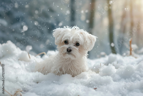 Funny cute maltese dog puppy running through snow forest and having fun in winter.