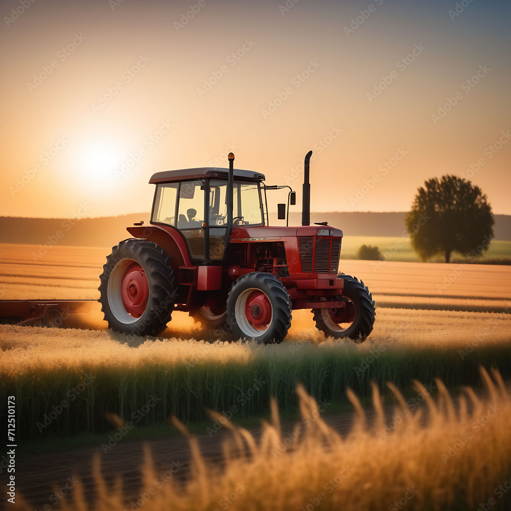 Fototapeta premium Tractor in a field against the background of sunrise
