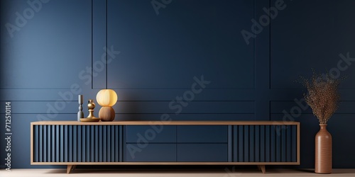 Living room wall mockup with cabinet on dark blue background, ing. photo