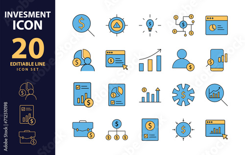 Investment color fill icon set. Investment, Profit, Asset, Investor, Portfolio, Dividend, Capital, Risk, Inflation icons vector, icon, analysis, asset, bond, economy, education, icon, analysis, asset,