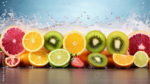 Collection of rainbow colored fruit stripes with splashes on a white background  Generate AI