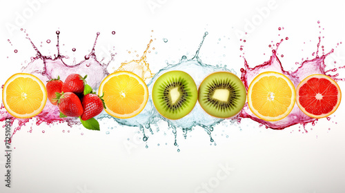Collection of rainbow colored fruit stripes with splashes on a white background  Generate AI