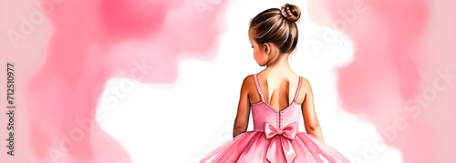 Back view of a little girl in a ballet outfit against a pink background. Watercolor painting style. Banner format. Copy space. photo