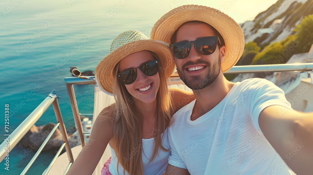 Beautiful young couple smiling taking selfie with smart mobile phone relaxing in chair on balcony, vacation concept
