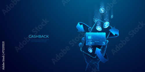 Cashback concept. 3D abstract phone in a hand with credit bank card, falling coins, return arrows. Money transfer in light blue futuristic style. Low poly vector illustration on technology background.