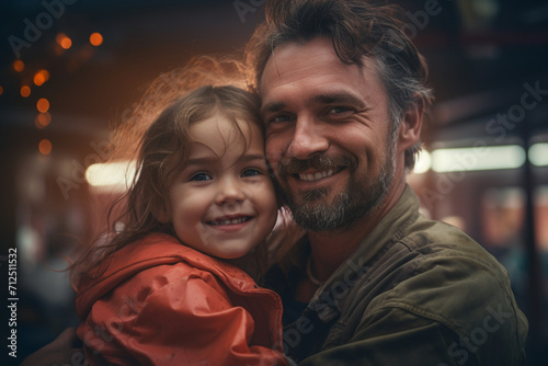 Portrait of father and daughter embracing at a community center 