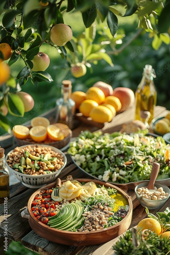 Sumptuous garden feast highlighting fresh salads and fruits, . Ideal for cookbooks and lifestyle magazines.