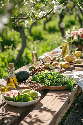 Sumptuous garden feast highlighting fresh salads and fruits  . Ideal for cookbooks and lifestyle magazines.