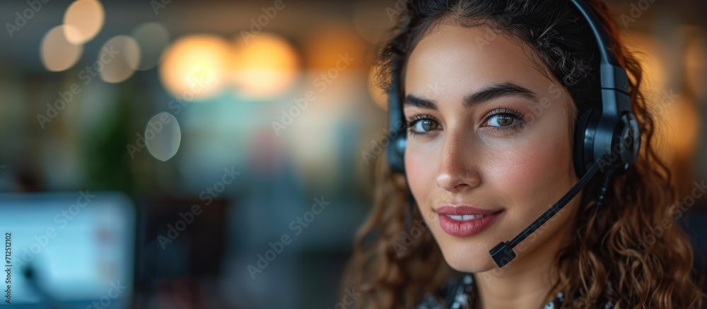 Call center employee, focused on camera. Call center employee, focused on camera.