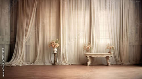 Elegant indoor setting with a soft curtain backdrop, creating a tranquil ambiance for timeless and captivating visuals