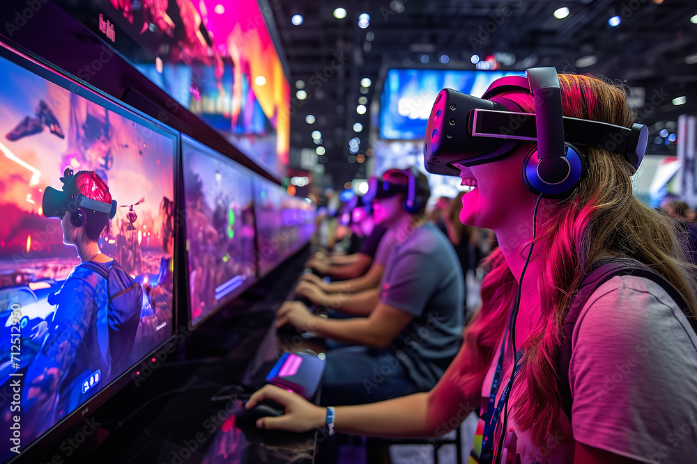 Visualize a vibrant gaming convention booth showcasing the latest VR technology. Visualize a vibrant gaming convention booth showcasing the latest VR technology.