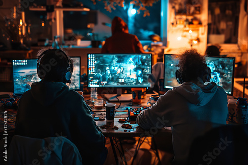 Fotografia Depict a group of players engaged in a LAN party - with their computers networked together