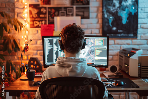 Show a young developer passionately coding an indie game in a cozy - personalized workspace.  photo