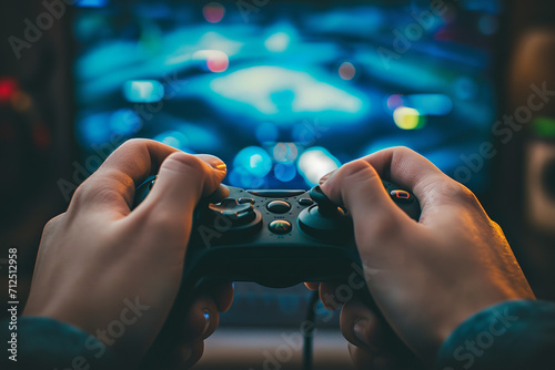 Illustrate a gamer's hands skillfully operating a game controller, with the game screen in the background showing intense and fast-paced action photo