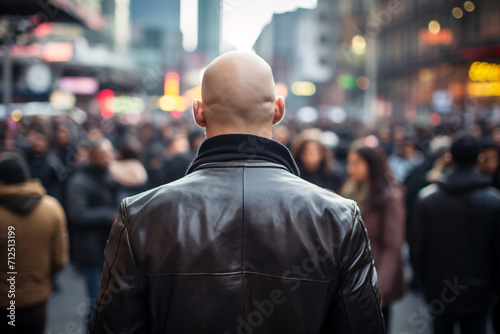 Back view of skinhead neo-nazi with shaved heads and leather jacket in street photo