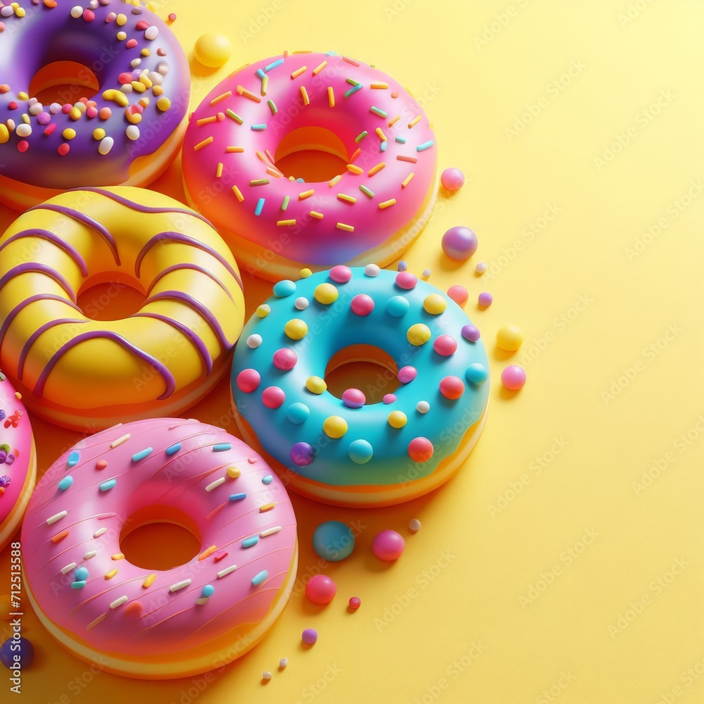 Colorful delicious donuts on a yellow background. Tasty dessert food for coffee break concept in minimalism style. Wide screen wallpaper. Panoramic web banner with copy space for design.