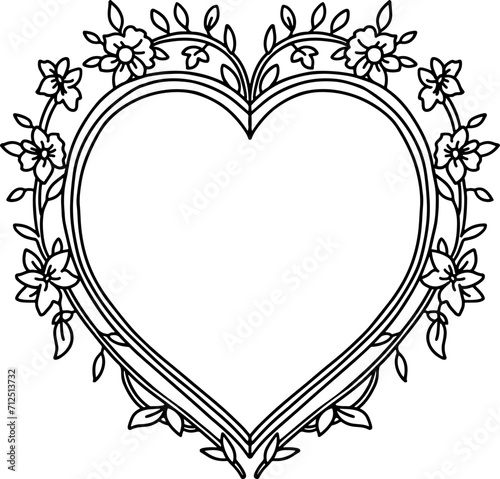 Floral line art heart frame. Valentine's Day Heart Frame.