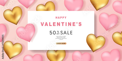 Valentine's day posters set. 3d hearts background with place for text. Romantic sale banners templates, vouchers or invitation cards. Vector illustration.
