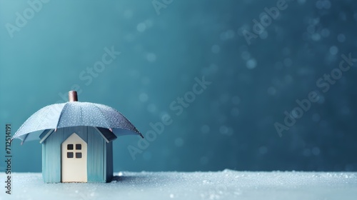 umbrella and rain, house under the umbrella. blue background.