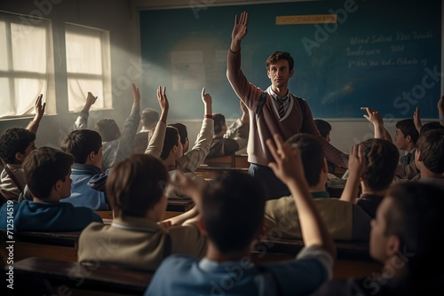 students raised their hands in the classroom. and the teacher stood in front of the class