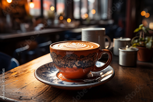 Eine heiße Tasse Kaffee in einem modernen Cafe, Kunst auf Kaffeeschaum, schöne Tasse