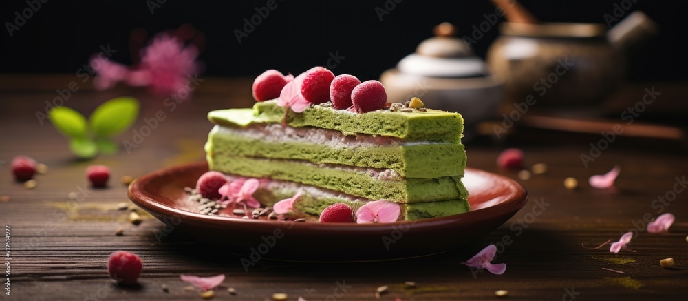 Taiwanese cuisine: Matcha and red bean dessert on wooden table