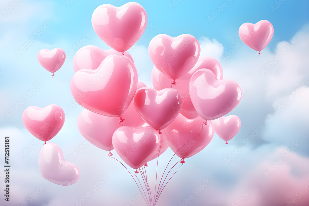 Pink Heart Balloons Floating in the Sky
