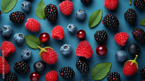 Colorful fruit pattern of wild berries on blue background. Raspberries, blueberries and blackberries , Generate AI