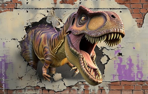 the jurassic world wall mural dinosaur wall art on the wall, in the style of satirical caricature, daz3d, rusty debris, cartoonish character design, light brown and purple, photo taken with nikon d750 photo