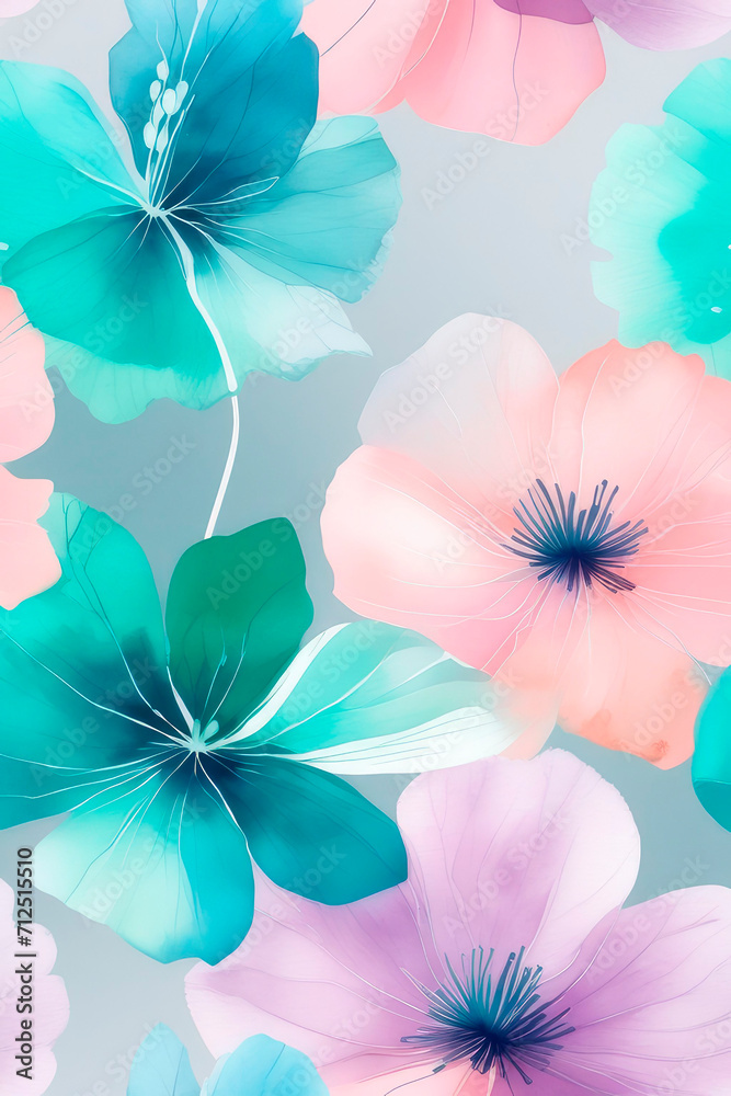 Obraz premium Art background with transparent x-ray flowers in pink, purple, pastel turquoise and green colors.
