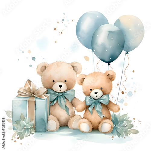 Cute Teddy Bears, hellium balloons, and gift box. Baby boy bear in watercolor style for baby shower invitations, kid's posters, greeting cards, clothes or postcards