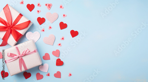 Capturing the Essence of Love: Romantic Valentine's Day Gifts, Candlelight, and Joyful Celebrations on a Pastel Blue Background © Pasinee